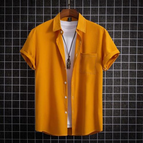Casual plus size non-stretch simple orange short-sleeved shirt