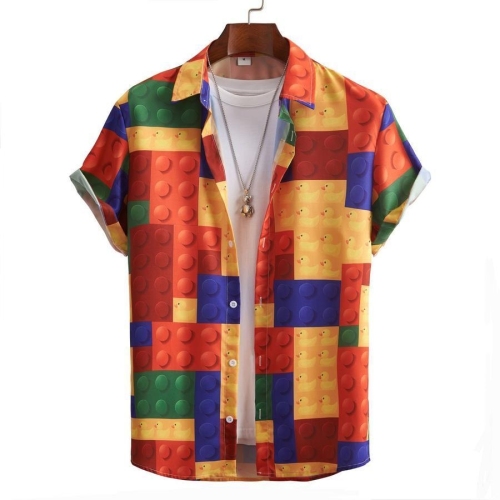 Casual plus size non-stretch orange multicolor print contrast color shirt
