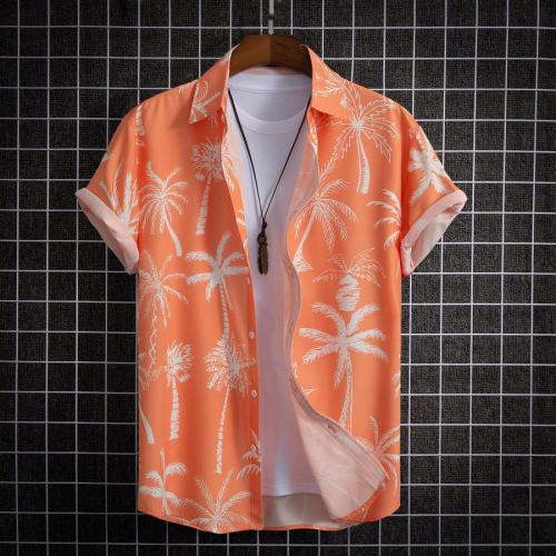 Beach plus size non-stretch orange coconut tree print shirt