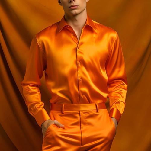Casual plus size non-stretch orange satin solid color shirt