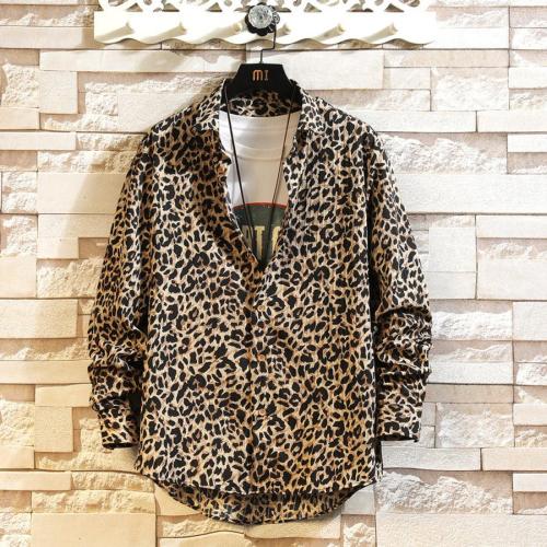Casual plus size non-stretch leopard batch printing long sleeve shirt