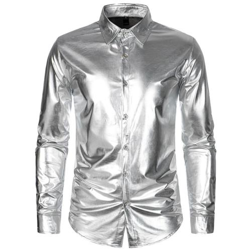 Casual plus size non-stretch solid color holographic single breasted shirt