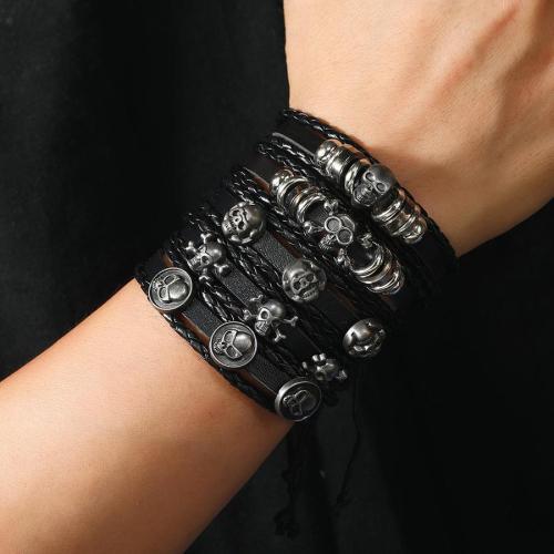 Five piece set punk skull decor pu weave adjustable bracelet(length:18-23cm)