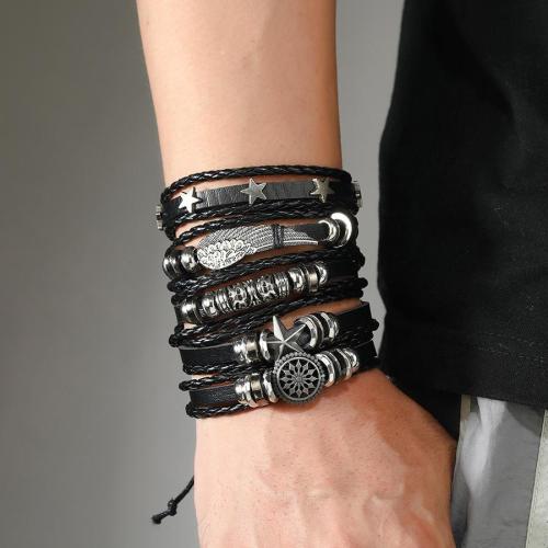 Five piece set punk metal decor pu weave adjustable bracelet(length:18-23cm)