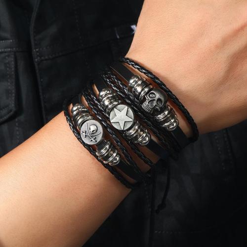 Three piece set punk metal skull decor weave adjustable bracelet(length:18-23cm)