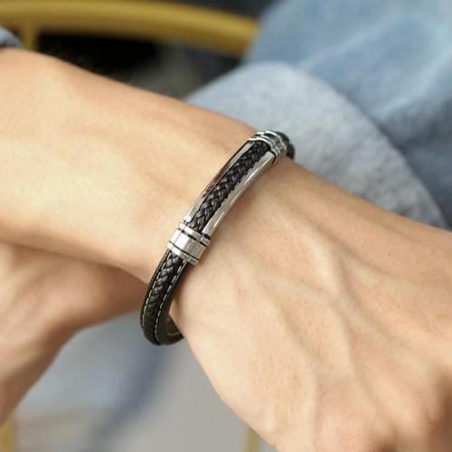One pc stylish new woven leather titanium steel bracelet(length:21.5cm)