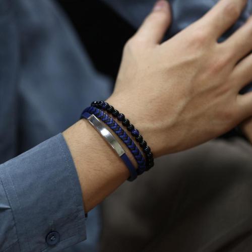 One pc stylish new weave leather beaded titanium steel bracelet(length:21cm)