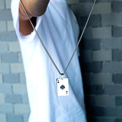 One pc stylish new playing card pattern titanium steel necklace(length:57cm)