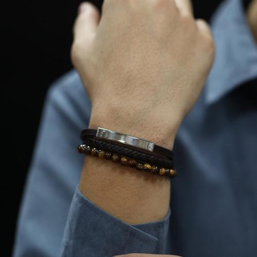 One pc stylish new weave leather tiger eye stone beaded bracelet#2(length:21cm)