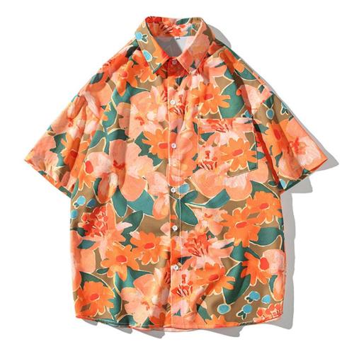 Casual plus size non-stretch loose orange floral print shirt size run small