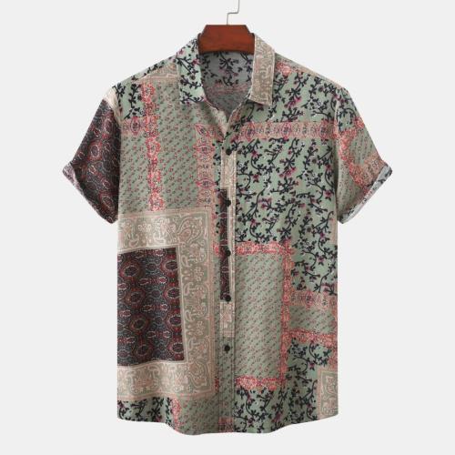 Casual plus size non-stretch loose retro floral print short-sleeved shirt