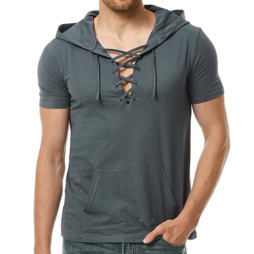 Casual plus size non-stretch simple solid color lace-up hooded t-shirt