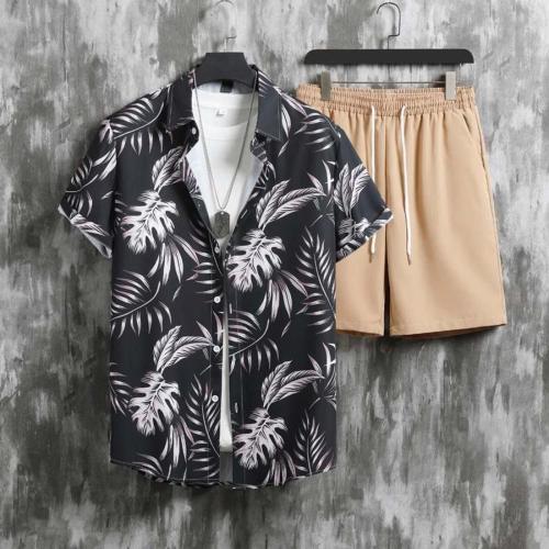 Beach style non-stretch batch printing short-sleeved shirt shorts set