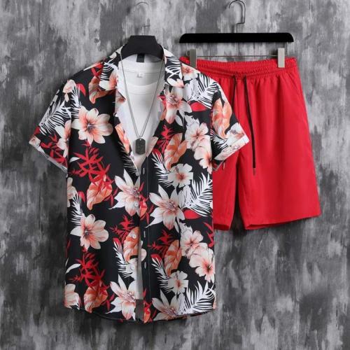 Beach style non-stretch flowers batch printing short-sleeved shirt shorts set