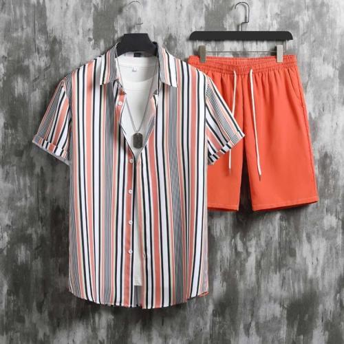 Beach style non-stretch orange stripe printing short-sleeved shirt shorts set