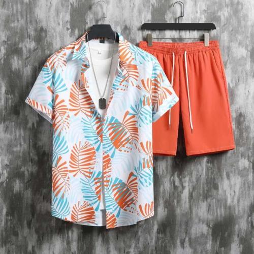Beach style non-stretch orange leaf print short-sleeved shirt shorts set