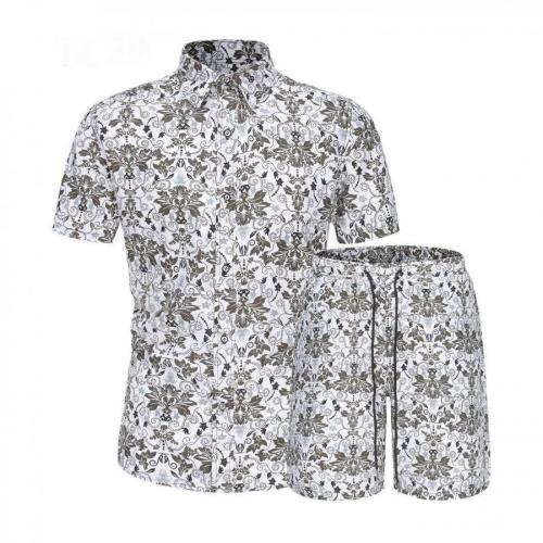 Casual plus size non-stretch batch printing short-sleeved shirt shorts set