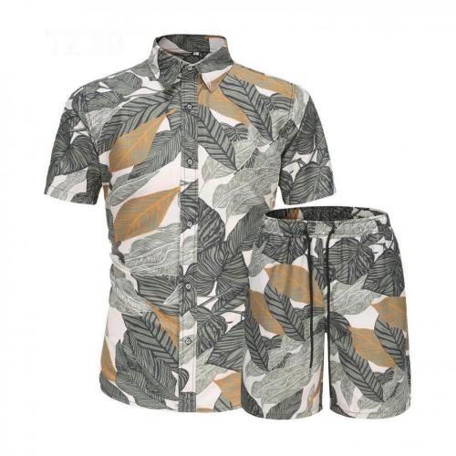 Casual plus size non-stretch batch printing short-sleeved shirt shorts set#1