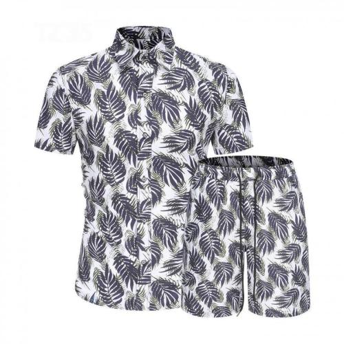 Casual plus size non-stretch batch printing short-sleeved shirt shorts set#5