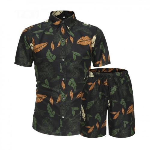 Casual plus size non-stretch batch printing short-sleeved shirt shorts set#2