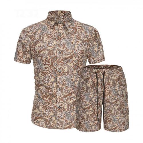 Casual plus size non-stretch batch printing short-sleeved shirt shorts set#3