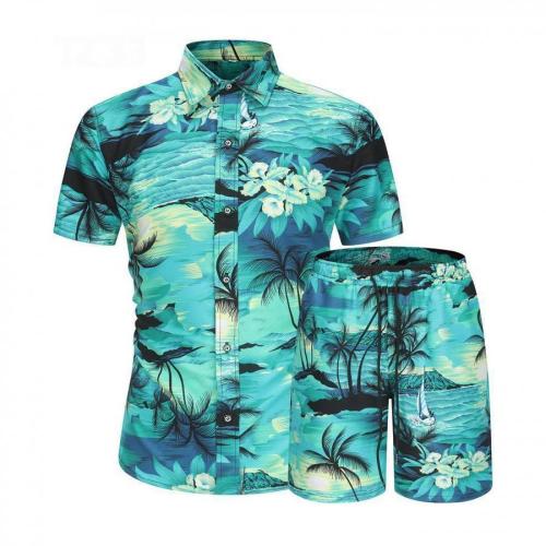 Casual plus size non-stretch batch printing short-sleeved shirt shorts set#4