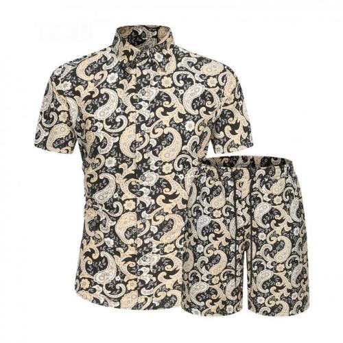 Casual plus size non-stretch batch printing short-sleeved shirt shorts set#6