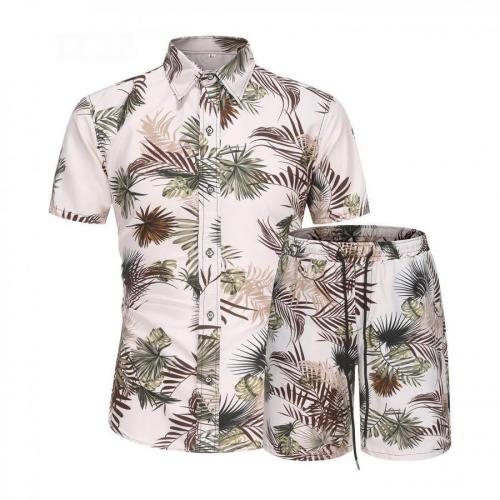 Casual plus size non-stretch batch printing short-sleeved shirt shorts set#8