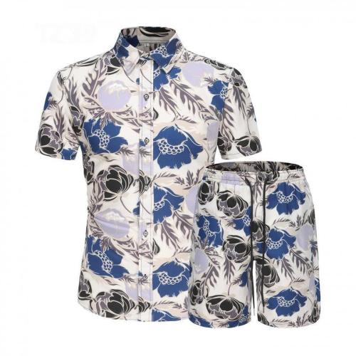 Casual plus size non-stretch batch printing short-sleeved shirt shorts set#9