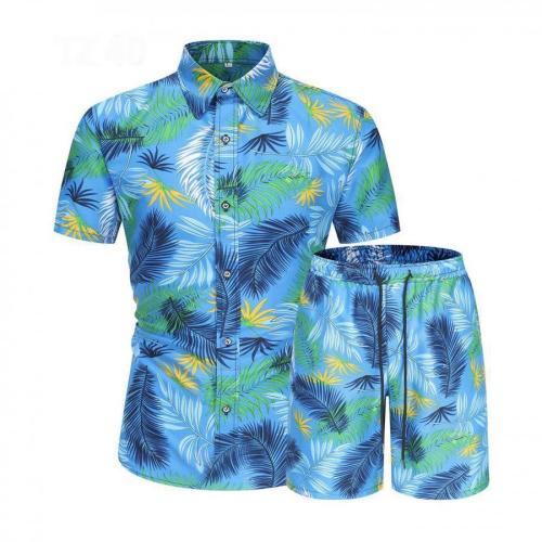 Casual plus size non-stretch batch printing short-sleeved shirt shorts set#10