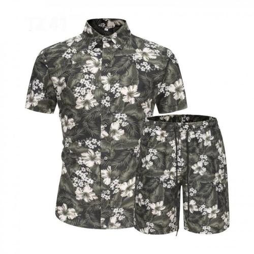 Casual plus size non-stretch batch printing short-sleeved shirt shorts set#11