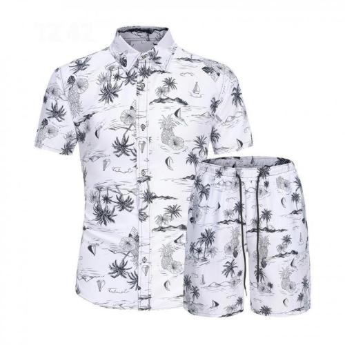 Casual plus size non-stretch batch printing short-sleeved shirt shorts set#12