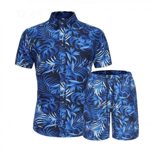Casual plus size non-stretch batch printing short-sleeved shirt shorts set#17