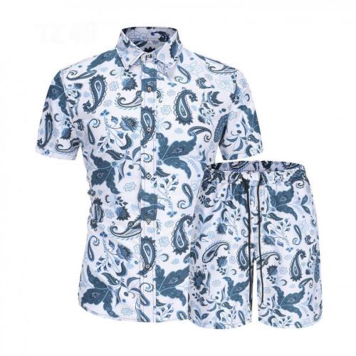 Casual plus size non-stretch batch printing short-sleeved shirt shorts set#18