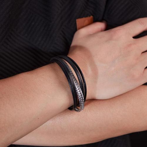 One pc stylish vintage leather silver stainless steel bracelet(length:215mm）