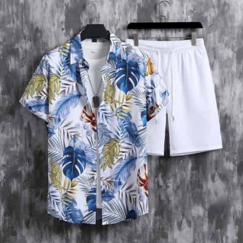 Casual plus size non-stretch short sleeve batch printing shirt shorts set#2
