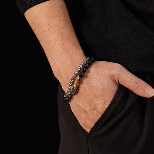 One pc stylish double layer black onyx tiger eye stone stainless steel bracelet