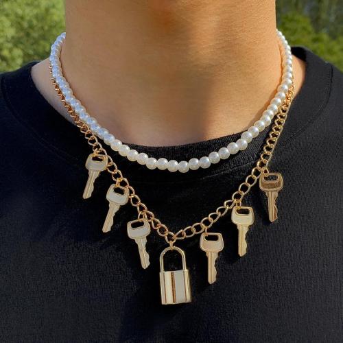 Two pc stylish pearl metal lock key pendant alloy necklace(mixed length)