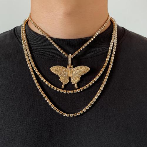 Three pc hip hop rhinestone butterfly alloy necklace(mixed length)