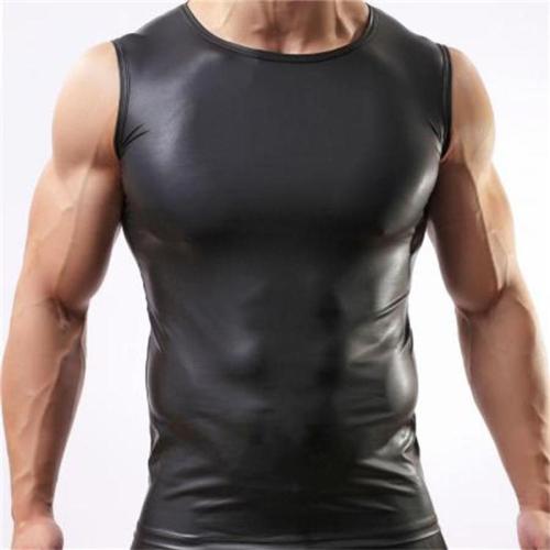 Stylish slight stretch solid color slim patent leather sleeveless vest