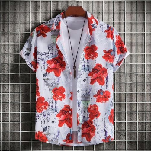 Casual plus size non-stretch flowers batch printing short sleeves shirt