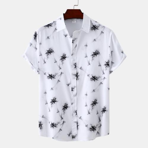 Casual plus size non-stretch bamboo leaf print short-sleeved new shirt