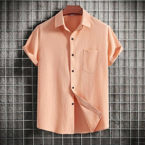 Casual plus size non-stretch orange single breasted simple short sleeve shirt