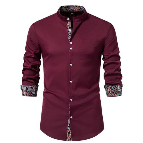 Stylish plus size non-stretch simple solid color paisley print patchwork shirt