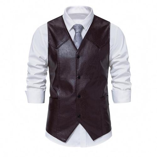 Elegant plus size non-stretch solid color slim pu vest(only vest)