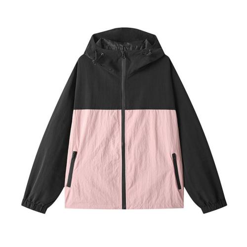 Casual plus size non-stretch contrast color loose hooded outdoor sports jacket
