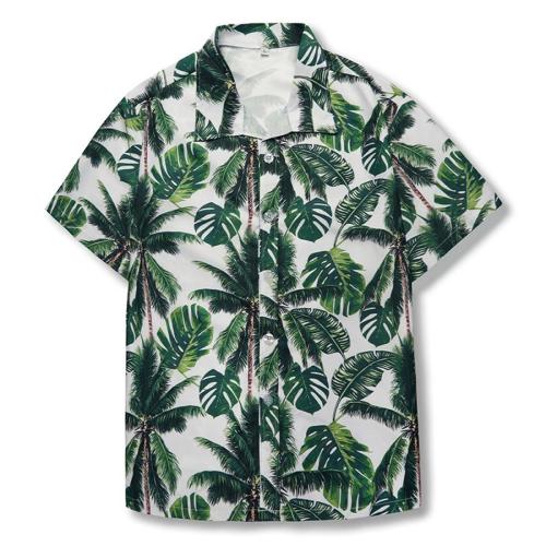 Beach plus size non-stretch leaf print short sleeve shirt size run small