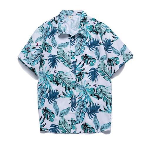 Beach style plus size non-stretch leaf print short sleeve shirt size run small