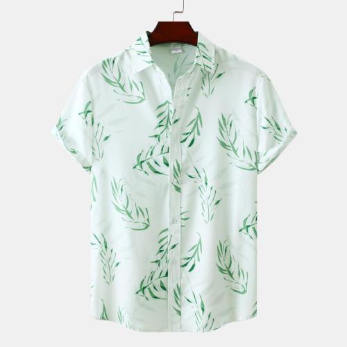 Casual plus size non-stretch simple leaf print loose short sleeve shirt