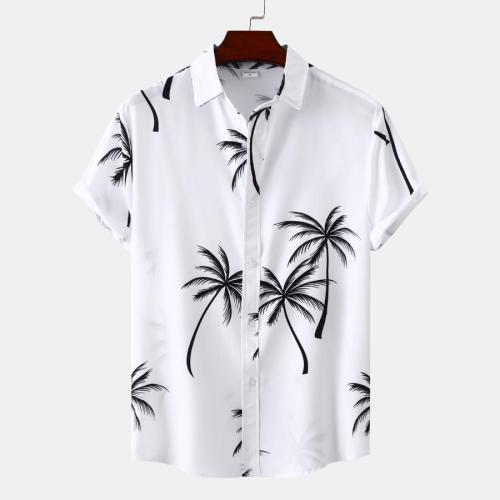 Casual plus size non-stretch simple coconut tree print loose short sleeve shirt